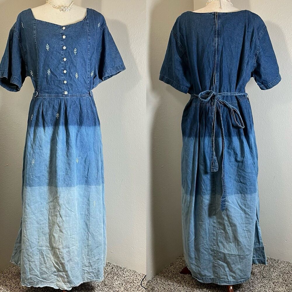 VTG Jane Ashley Dress 2X Denim Belted Button Western Gradient Embroidery Prairie